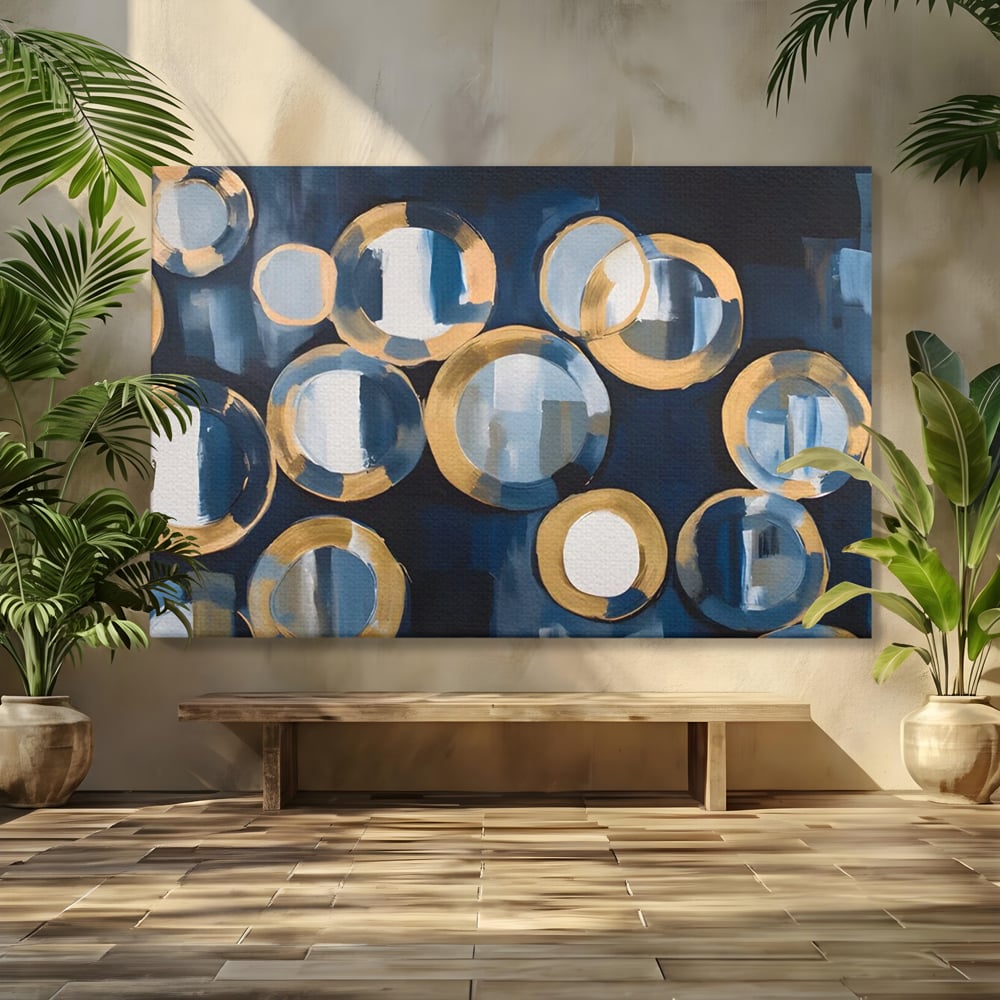 Tablou canvas cu pictura abstracta cu cercuri albastre si aurii, fara rama, pe sasiu de lemn